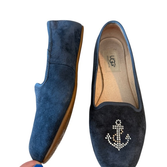 UGG Navy Blue Alloway Crystal Bow Flats Nautical Anchor Slip On Velvet Size 6 - Picture 2 of 11